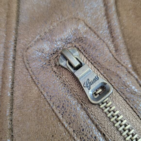 Guess Brown Faux Leather Knee Length Coat Faux Fur Collar Zip Pockets Small - Picture 3 of 13